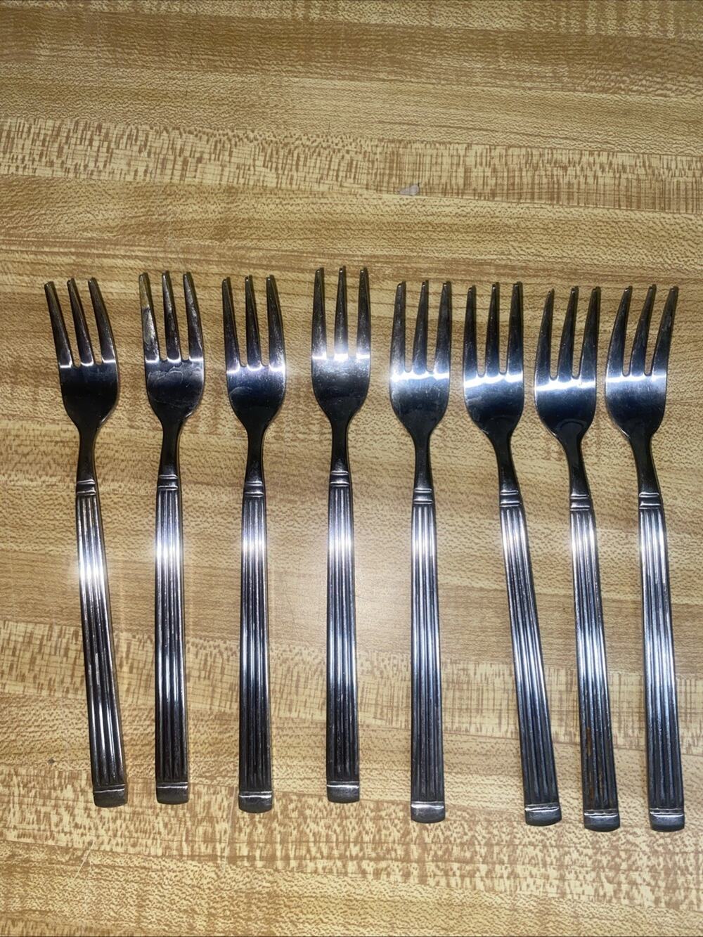 Set Of 8 Estia Olympia Glossy Stainless Appetizer Forks Flatware Korea 60s 70s